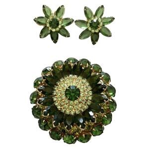 Juliana D&E Emerald Lime Green Rhinestone Brooch Earring Set 5 Tier Prong Set
